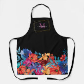 Modern Floral Monogram Zwart Schort (Voorkant)