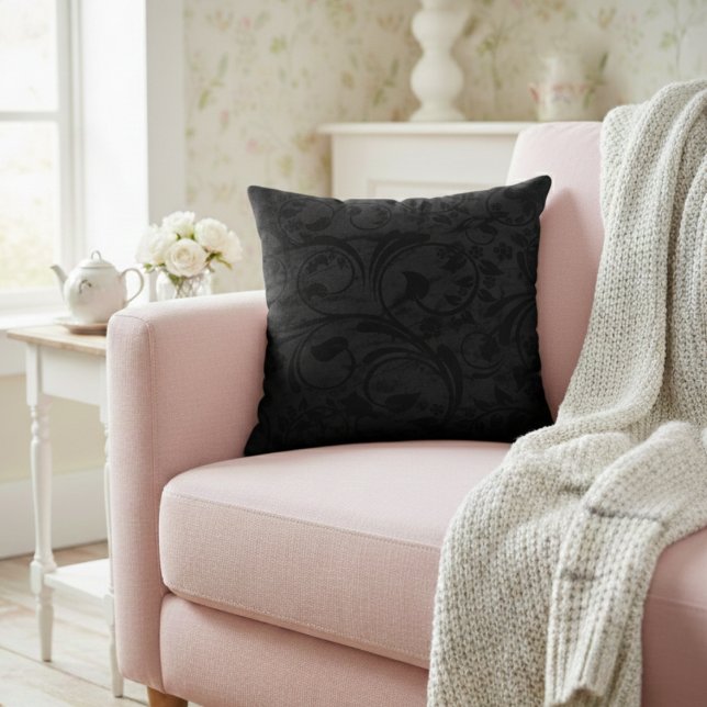 Modern Floral Noir Black Velvet Kussen (Creator heeft geüpload)