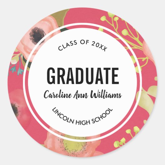 Modern Floral Pattern Afstuderen Ronde Sticker (Voorkant)