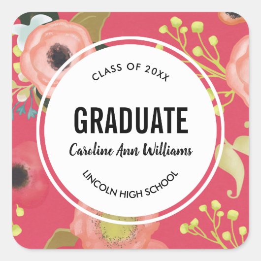 Modern Floral Pattern Afstuderen Vierkante Sticker (Voorkant)