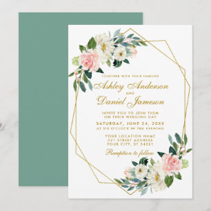 Modern Floral Pink Gold Geometric Lijst Wedding G Kaart
