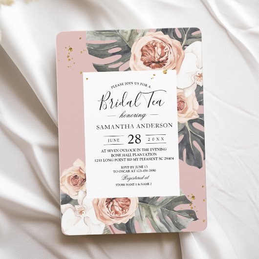Modern Floral Pink & Green Tropical Leaf & Orchid Kaart