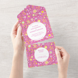 Modern Floral Pink Wedding All In One Uitnodiging