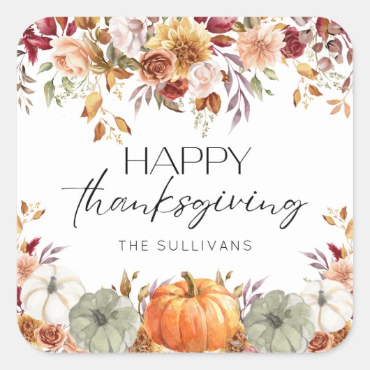 Modern Floral Pumpkin Rustic Happy Thanksgiving  Vierkante Sticker (Voorkant)