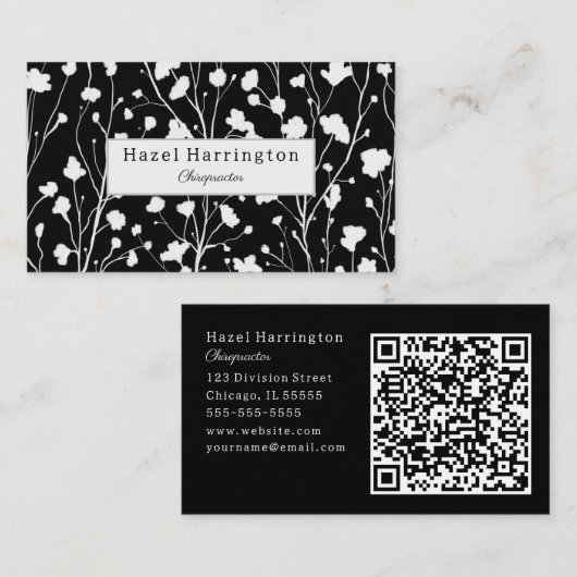 Modern Floral QR Visitekaartje Zwart-wit (Voorkant / Achterkant)
