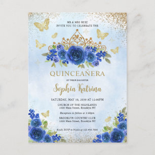 Modern Floral Royal Blue Gold Tiara Quinceañera Briefkaart