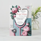 Modern Floral Stethoscope Afstuderen uitnodiging (Staand voorkant)