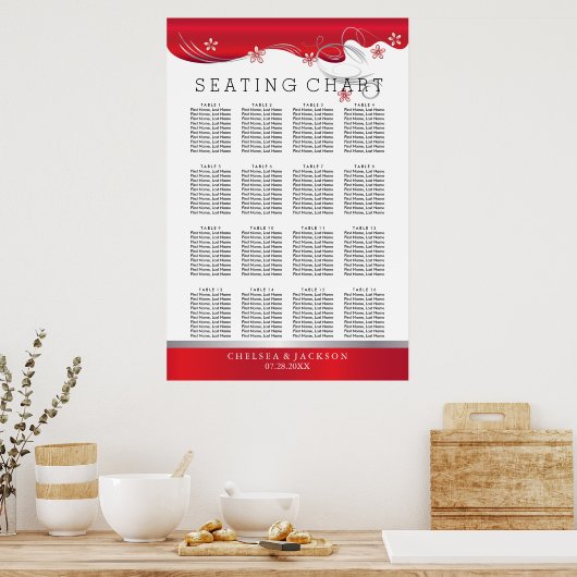 Modern Floral Wedding | Deep Red - Seating Chart Poster (Keuken)