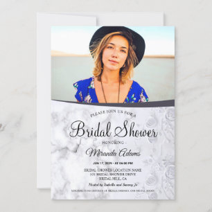 Modern Floral White Marble Photo Bridal Shower Kaart