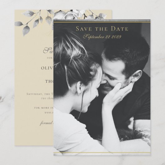 Modern Floral Wreath Black White Gold Wedding Save The Date (Voorkant / Achterkant)