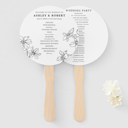 Modern Floral Zwart-Wit Huwelijksprogramma Handwaaier (Voorkant en achterkant)