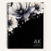 Modern Floral Zwart Wit Initiaal Monogram Notitieboek (Voorkant)