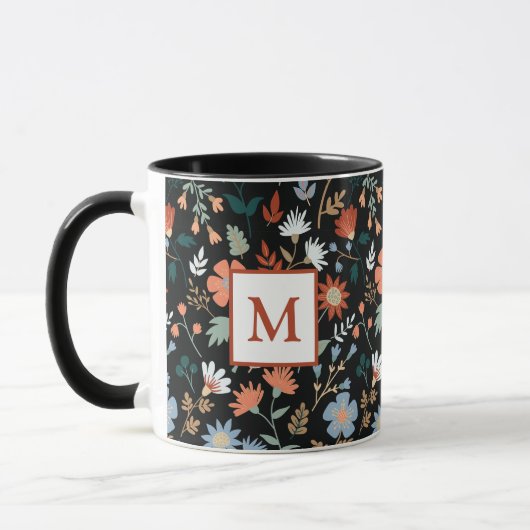 Modern Flowers Leaves Black Oranje Blue Monogram Mok (Links)
