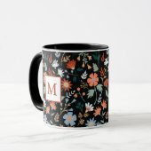 Modern Flowers Leaves Black Oranje Blue Monogram Mok (Voorkant links)