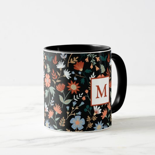 Modern Flowers Leaves Black Oranje Blue Monogram Mok (Voorkant rechts)