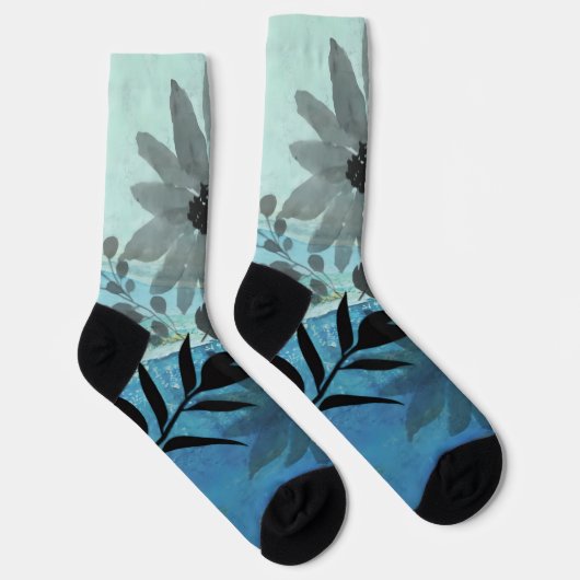 Modern Flowers On Dreamy Blue Background  Sokken (Rechts)