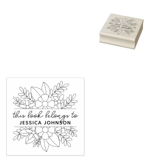 Modern Flowery Custom Name Library Book Rubberstempel (Gestempeld)