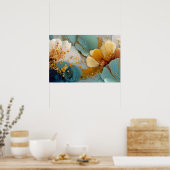 Modern Fluid Abstract Teal Gold Bubbles & Veins Poster (Keuken)