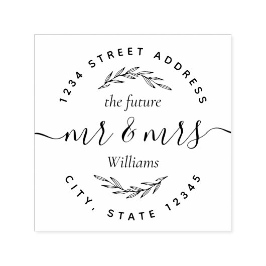 Modern Foliage Future de heer Mrs Wedding Address Zelfinktende Stempel (Design)