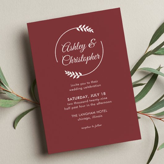 Modern Foliage Lijst Rosewood Red Wedding Kaart