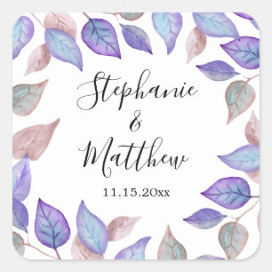 Modern Foliage Paarse Waterverf bladeren bruiloft Vierkante Sticker