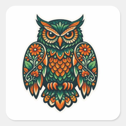Modern Folk Art Owl Vierkante Sticker (Voorkant)