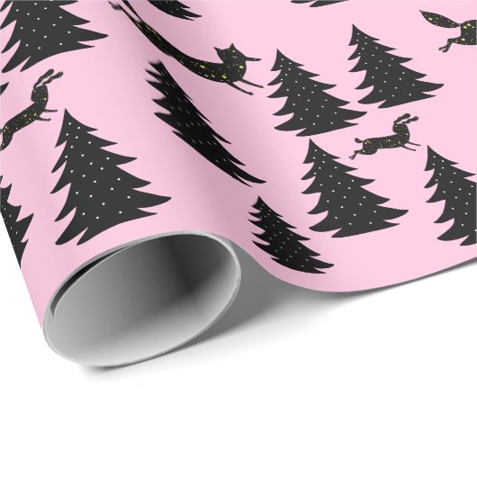 Modern Folktale Black kerstboomroze Cadeaupapier (Rol Hoek)
