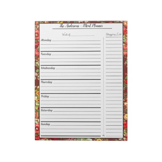 Modern Food Meal Planner - Burgundy Chintz Floral Notitieblok (Gedraaid)