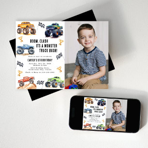 Modern Foto   Kinderen Monstertrucks Verjaardagsfe Kaart