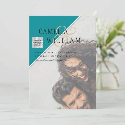 Modern FOTO Weddenschap nodigt QR CODE RSVP BLAUWG Kaart (Staand voorkant)
