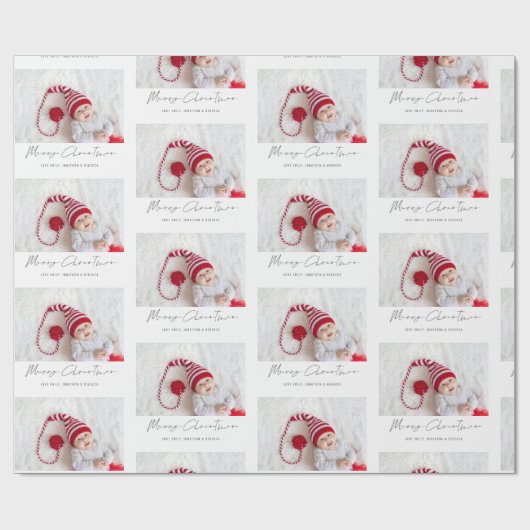 Modern Fotopatroon Naam Script Vrolijk Kerstfeest Cadeaupapier (Vlak)