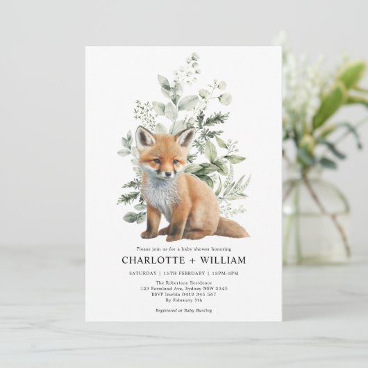 Modern Fox Sage Green Botanical Leaves Baby shower Kaart (Staand voorkant)