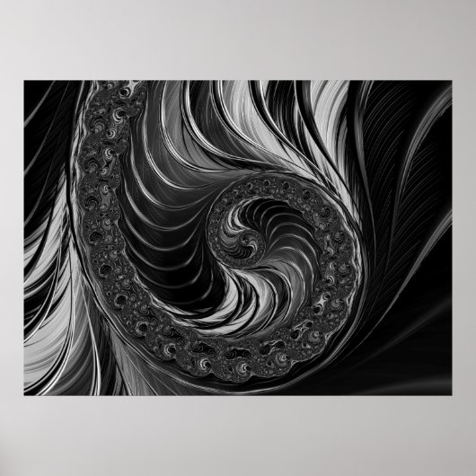 Modern Fractal Black White Metal Nautilus Swirl Poster (Voorkant)
