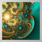 Modern Fractal Gold Turquoise blauw Poster (Voorkant)