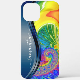 Modern Fractal Rainbow Blue Handgeschreven naam iPhone 12 Pro Max Hoesje