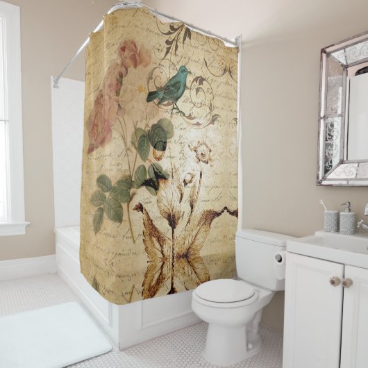 Modern  Frans Scripts vogelbotanisch Douchegordijn (In situ)