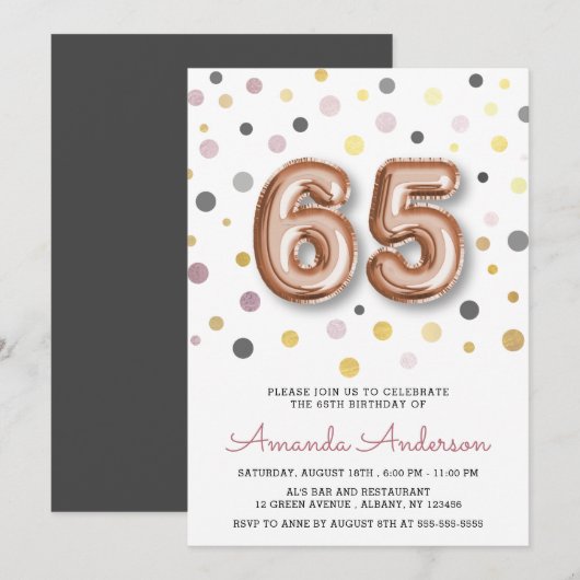 Modern Fun Balloon 65th Birthday Party Kaart (Voorkant / Achterkant)