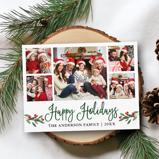 Modern Fun Calligraphy Holly 5 Photo Holiday Briefkaart
