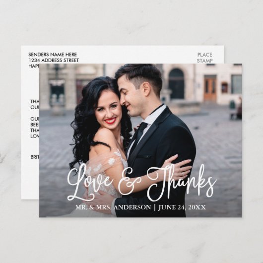 Modern Fun Calligraphy Love and Bedankt Wedding Briefkaart (Voorkant / Achterkant)