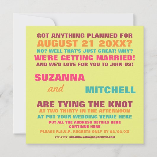 Modern Fun Colorful Wedding Invitation Kaart (Voorkant)