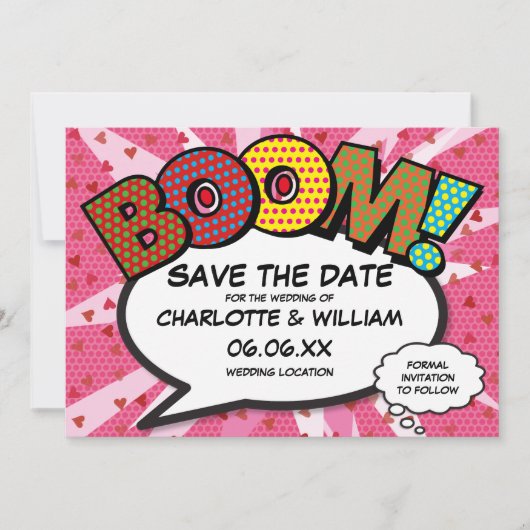 Modern Fun Comic Book BOOM Pink Love Hearts Save The Date (Voorkant)