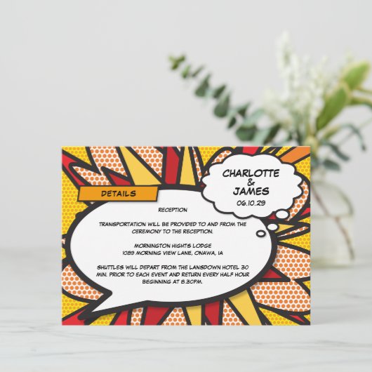 Modern Fun Comic Book Bruiloft Details Informatie Informatiekaartje (Staand voorkant)