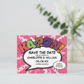 Modern Fun Comic Book KAPOW Pink Save the Date Briefkaart (Staand voorkant)
