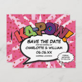 Modern Fun Comic Book KAPOW Pink Save the Date Briefkaart (Voorkant / Achterkant)