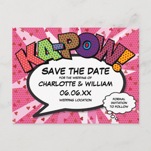 Modern Fun Comic Book KAPOW Pink Save the Date Briefkaart (Voorkant)