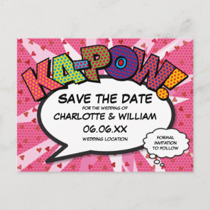 Modern Fun Comic Book KAPOW Roze Save the Date Briefkaart