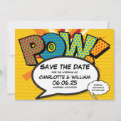 Modern Fun Comic Book Pow Bruiloft Save The Date (Voorkant)