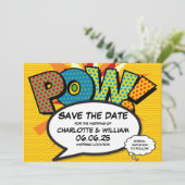 Modern Fun Comic Book Pow Bruiloft Save The Date (Staand voorkant)
