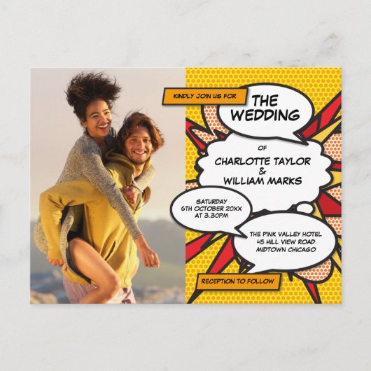 Modern Fun Photo Comic Book Bruiloft Uitnodiging Briefkaart (Voorkant)