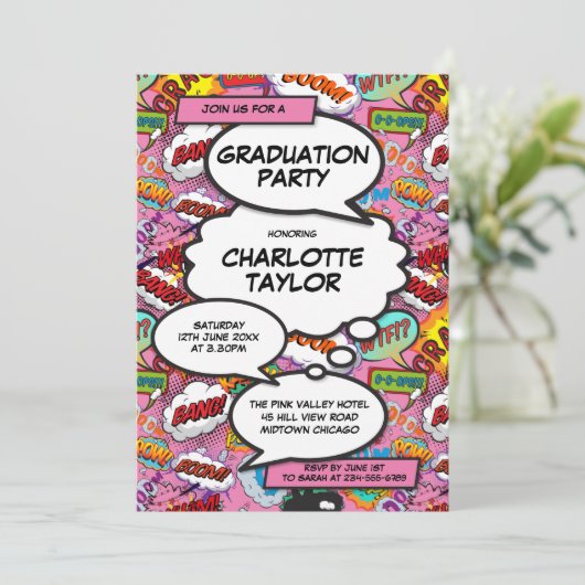 Modern Fun Pink Girly Comic Book Graduation Party Kaart (Staand voorkant)